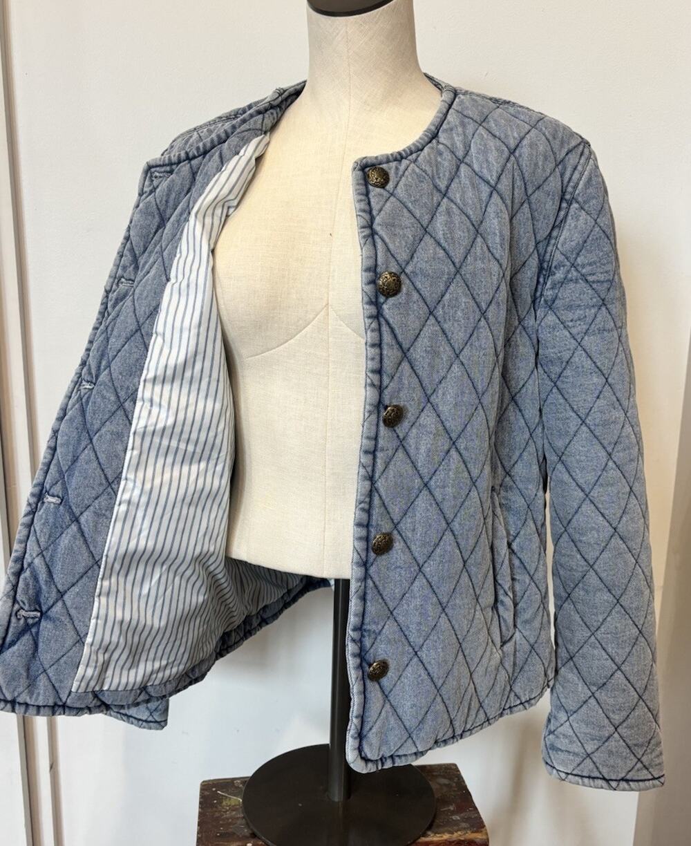 Anthropologie Quilted Denim Button Up Jacket- Size Medium - No Collar